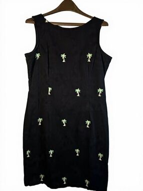 CB casual Black‎ Sleeveless Midi Dress with Green Palm Embroidery Coastal